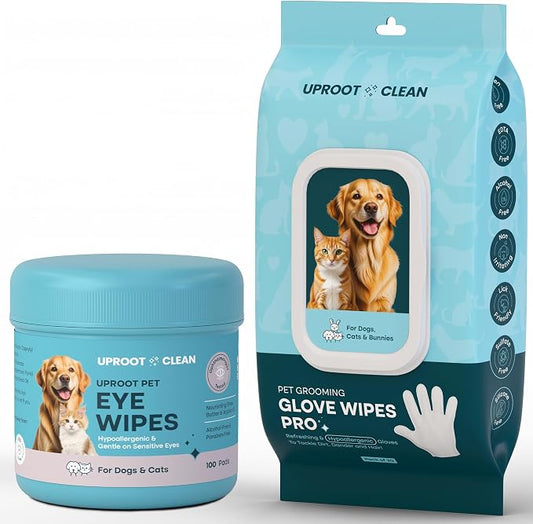 Uproot Clean Glove Wipes Pro & Eye Care Set: Extra-Thick Dog Wipes for Paws and Butt for Full-Body Cleaning (20 Pack) + Hypoallergenic Eye Pads as a Gentle cat & Dog Tear Stain Remover