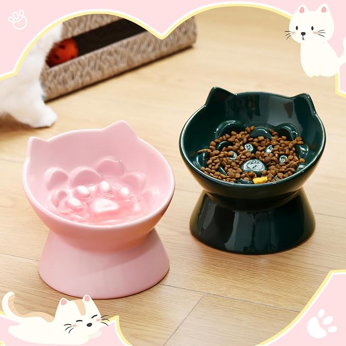 Funnymoom 2 Pcs Ceramic Raised Slow Feeder Cat Bowl, 5.91inch Elevated Cat Slow Feeder Bowl Tilted Anti Vomiting for Dry Wet Food and Water Easy to Clean High Edge(Dark Green, Pink)