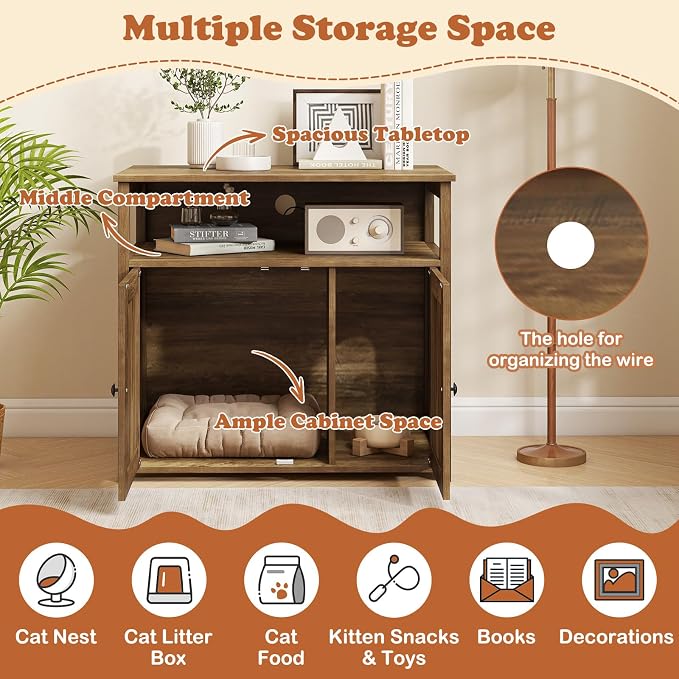 PETSITE Cat Litter Box Enclosure, Farmhouse Litterbox Enclosure Furniture with Double Doors and Open Shelf, Wooden Cat Hidden Litter Box Buffet Cabinet, Retro Style Litter Box Cabinet