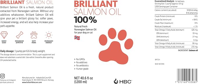 Brilliant Norwegian Salmon Oil for Dogs, Cats, Horse, Ferret - Pure Omega 3, 6 & 9 Fish Oil Food Treats Supplement for Natural Coat, Immune Support, Itchy Skin, Joint & Brain Health - 40 Oz