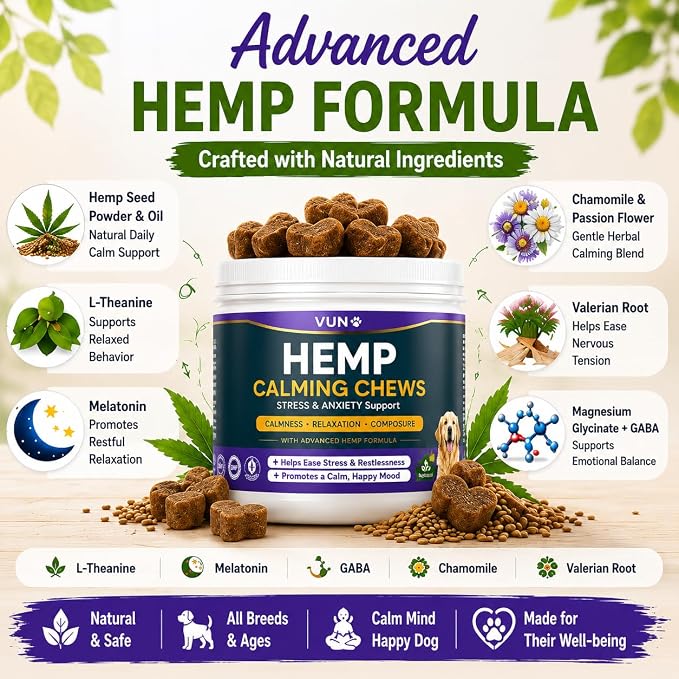Hemp Calming Chews for Dogs, Advanced Dog Calming Chews - Anxiety Relief Supplement Treats with Melatonin L-Theanine - Sleep Aid for Separation, Barking, Stress, Hyperactivity