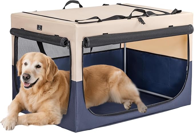 40" Collapsible Dog Crate for Large Dogs - Portable Soft Travel Kennel with Lockable Zippers, Waterproof Base, Washable Cover, Patented Screw Frame for Adjustable Tension, Outdoor, Indoor, Car Use