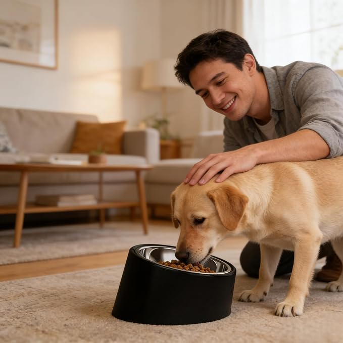15° Tilted Dog Bowl for Medium Breeds – Non-Slip No-Spill Stainless Steel Pet Feeder, Detachable 2-in-1 Food & Water Dish for French Bulldog & Cats, Anti-Choke, Black (Size M, 350ml)