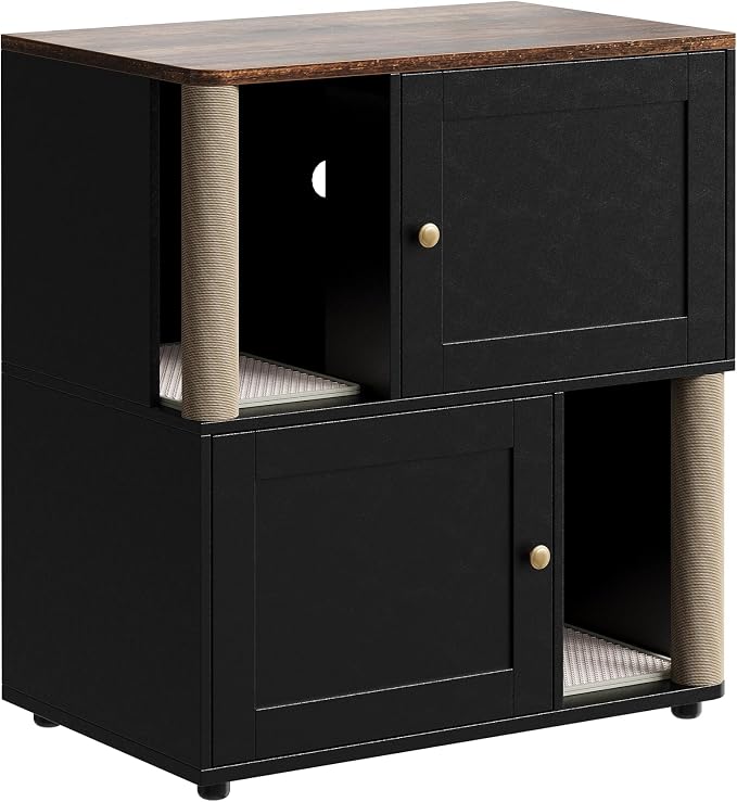 2 Tier Cat Washroom,Modern Farmhouse Double Cat Litter Box Enclosure Furniture,Hidden Cabinet with 2 Scratch Mats & Post, Multi-Functional End Side Table for 2 Cats, Odor-Control Wooden Washroom Cabin