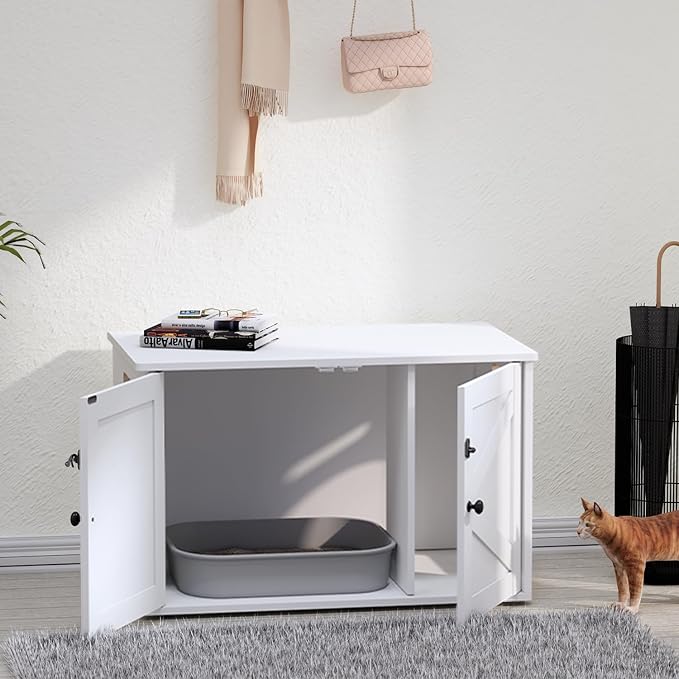 Timberer Cat Litter Box Enclosure, Litter Box Furniture Hidden with Removable Divider, Wooden Cat Washroom Furniture, Indoor Cat House, White