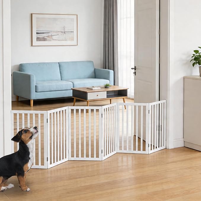 Foldable Indoor Dog Gate for The House Freestanding Stairs Nature Wooden White Pet Gate for Doorway Puppy Gate for Dogs Expandable Dog Fence for Stairs or Hallways 24"" Height 6 Panels