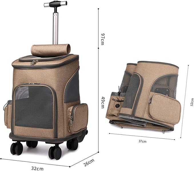 Pet Travel Rolling Backpack Rolling Carrier with Wheel Breathable Airline Approved Pet Carrier Stroller Soft-Sided Carrier Bag for Small Dogs Cats Rabbit for Indoor & Outdoor Use,Khaki