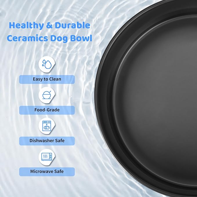SPUNKYJUNKY Ceramics Raised Dog Bowls with Wooden Stand - Elevated Dog Feeding Set (Double 28.7OZ, Black)