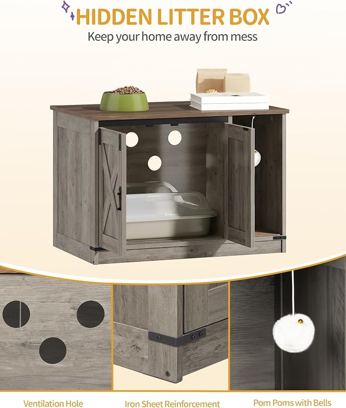 Hzuaneri Cat Litter Box Enclosure, Hidden Litter Box Cabinet Furniture with Bell, Indoor Cat House, Farmhouse Style, 31.5 x 19.7 x 20.9Inches, for Hallway, Bedroom, Light Ivory and Brown CB82405X