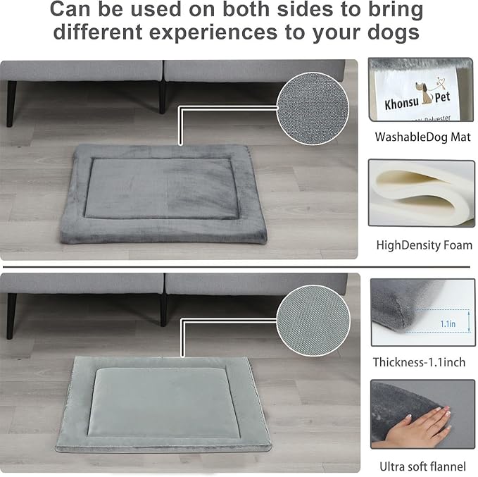 KHONSU PET Dog Bed Mat for Crate 1.1in Slim Cooling Pad Reversible Flannel & Waterproof Canva for Extra Large Dogs up to 90 lbs, Fits 42"x28" Basic Crate