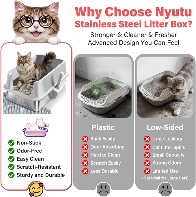 Stainless Steel Cat Litter Box, Extra Large XL Metal Litter Box with High Sides Lid, Never Absorbs Odors, Anti-Urine Leakage, Non-Sticky, Include Littter Mat & Scoop