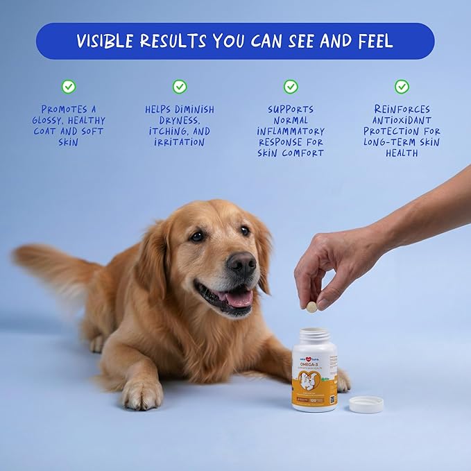 Omega 3 Fish Oil for Dogs 120 Tablets - Skin, Coat & Joint Support | Omega 3, 6 & 9 with Vitamin E. Supports skin & coat health, reduces shedding & dry skin. Promotes joint & heart function.