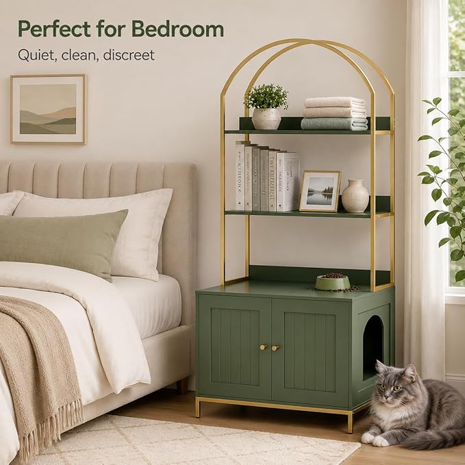 Homhedy Cat Litter Box Enclosure, Litter Box Furniture Hidden with 2-Tier Storage Shelves, Wooden Cat Washroom Furniture with Metal Frame, Modern Style, Green and Gold