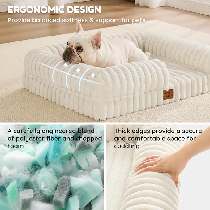 ChiXnuggle Rectangular Orthopedic Dog Bed for Medium Dogs, Waterproof Washable Faux Rabbit Fur Dog Couch with Egg Crate Foam Support, Bolster Pet Sofa with Non-Slip Bottom, 30x24x7, Cream