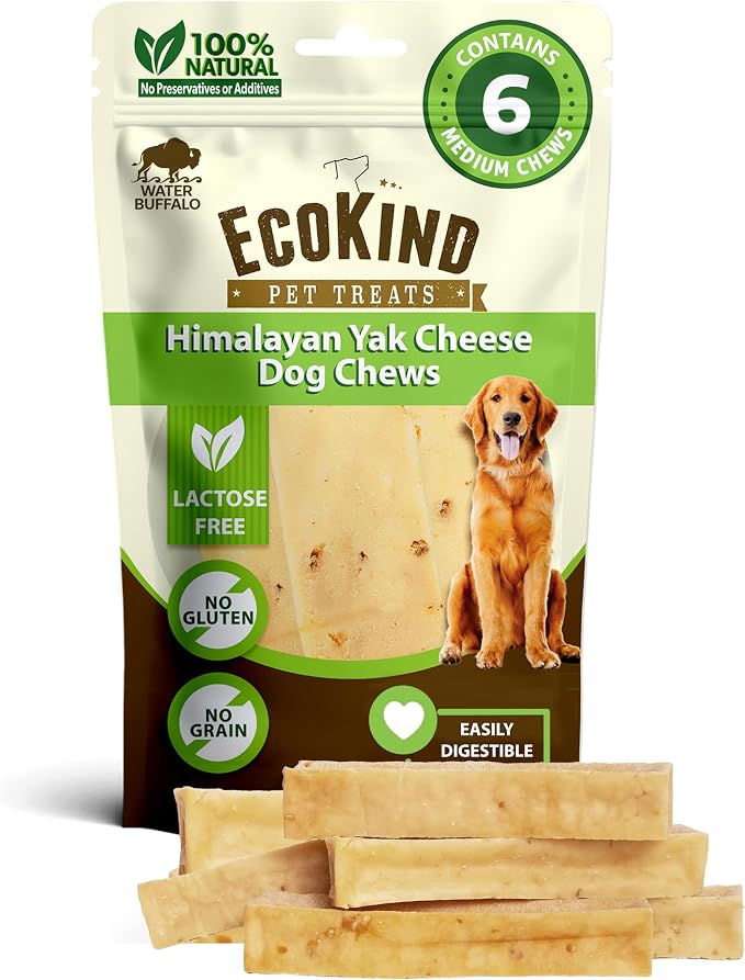 EcoKind Yak Cheese Himalayan Dog Chews, Yak Chews for Medium Dogs, Long Lasting Bone for Aggressive Chewers, 4 Ingredients, Natural High Protein Treats, No Additives, Water Buffalo, Medium - 6 Chews