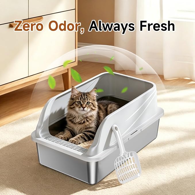 XL Stainless Steel Cat Litter Box with high Sides, Includes Scoop | Extra Large Litter box for Big Cats,Urine Leakage, Non-Stick, Durable,Easy to Clean