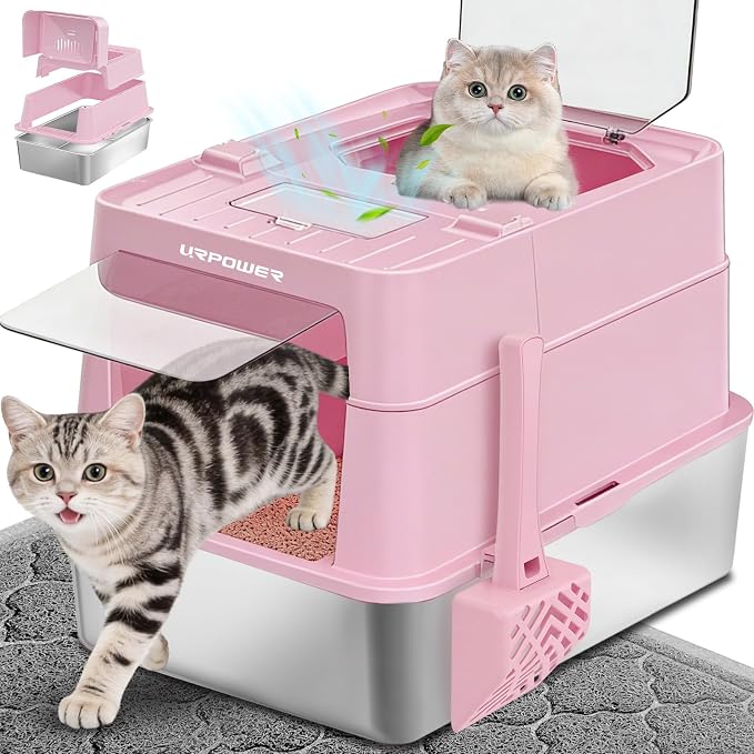 URPOWER Stainless Steel Cat Litter Box with 110° Flip-Top Lid, XL Enclosed Metal Litter Box for Large Cats, Odor Control, Anti-Urine Leakage, Non-Stick Pan, Front Entry Top Exit, Scoop & Mat Included