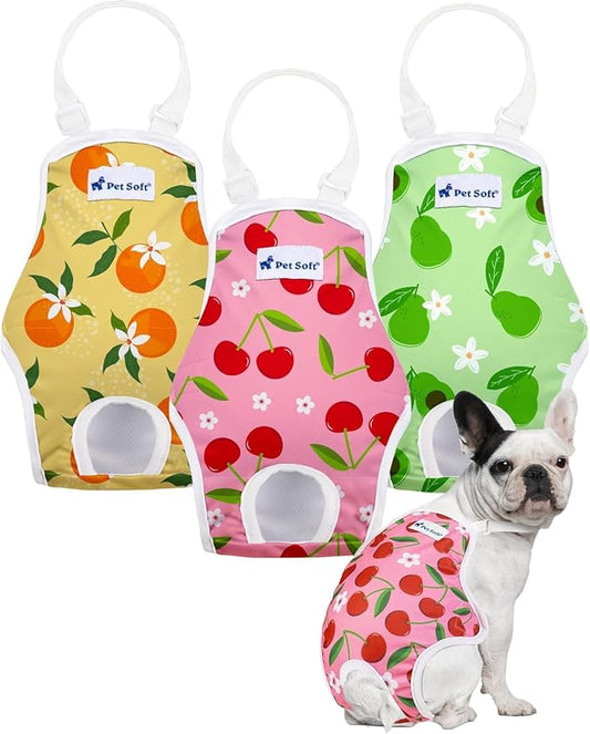 Pet Soft Dog Diapers Female Onesie Sanitary Pantie with Adjustable Suspender, Colorful Pattern Washable Puppy Diapers Female, Super Absorbent Underwear Dog Diaper for Heat (Fruit, L)