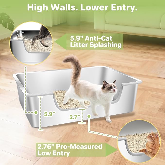 Low Entry Litter Box for Senior or Disabled & Injured Cats, Stainless Steel High Sided Enclosed Easy Step in Entry-Metal Kitty Litter Box for Kittens, Odor Control (19.7”x13.8”x5.9”)