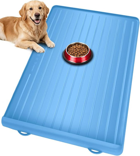 Dog Mat for Food and Water - 39.4" x 27" Large Pet Feeding Mats with Residue Collection Pocket - Waterproof Dog Cat Bowl Mat with High Edges to Prevent Water and Food Spills (Blue, 39.4''x27'')