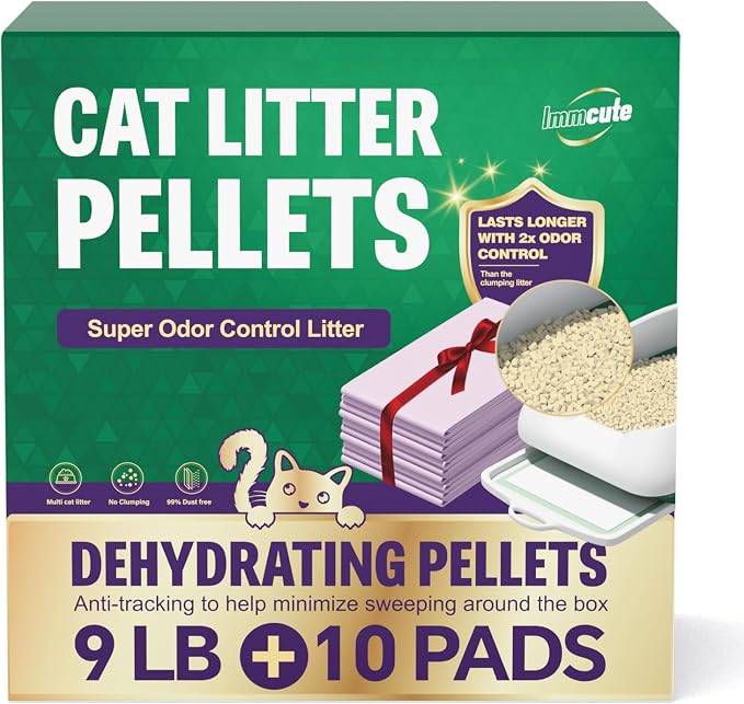 IMMCUTE Zeolite Litter Pellets, 9lb Bag Lasts 60 Days, Odor Control Cat Litter Pellets with Extra 10 Ct Pee Pads, Non Clumping Cat Litter, Low-Tracking, Unscented