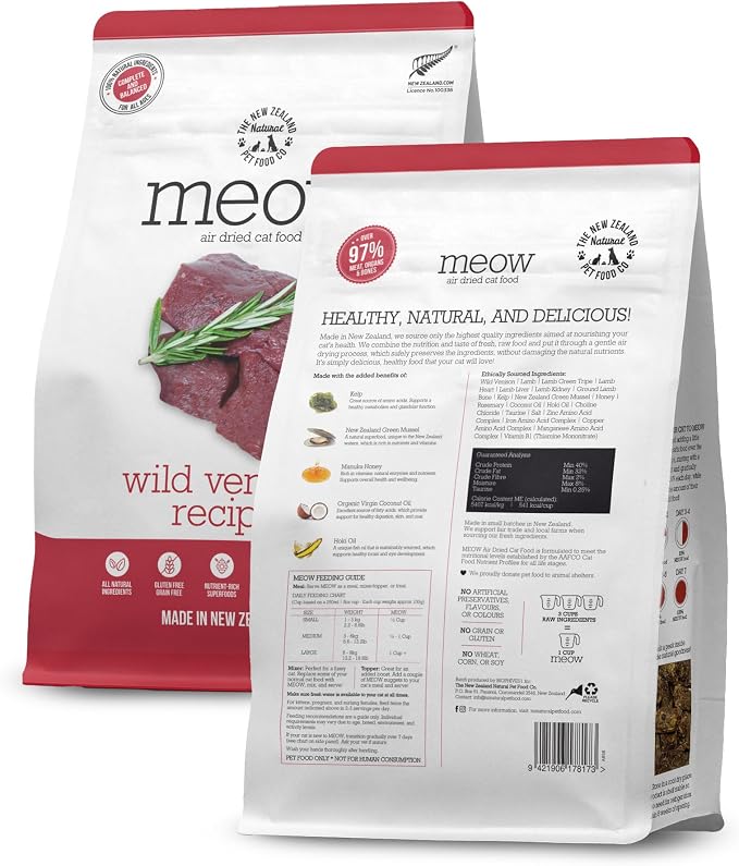 The New Zealand Natural Pet Food Co. Meow Air Dried Cat Food - Wild Venison Recipe, High Protein Dry Food Use as a Complete Diet, Topper, Mixer, or as Cat Training Treats, All Life Stages, 26.5 oz