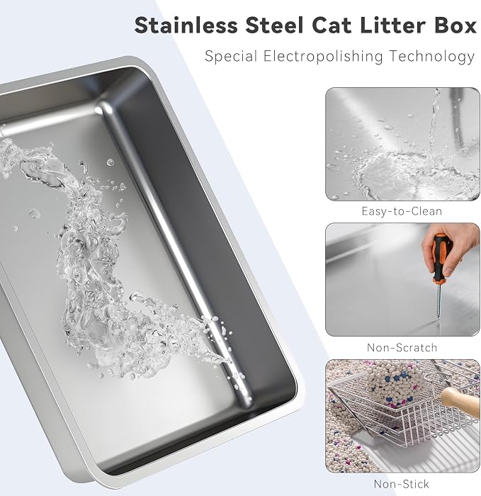 2 Pack Stainless Steel Cat Litter Box with Lid, 20" L x 14.2" W x 12" H, Extra Large Enclosed Litter Box for Cats, High Sided Anti Leakage, Non-Stick, Includes Stainless Steel Scoop & Cat Mat