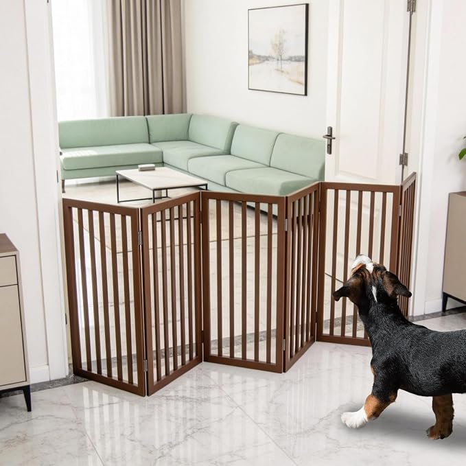 Dog Gate Indoor, Freestanding Dog Fence for The House, Doorways, Hallways,or Stairs,Pet Gate Foldable Wooden,Expandable 32" Height 6 Panels,Brown