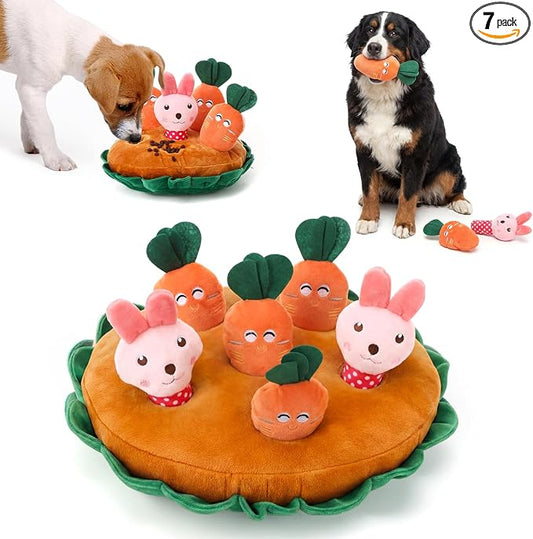 Skylety 7 Pcs Interactive Dog Toys Set, Snuffle Mat for Dogs, Treat Hiding Puzzle and Squeaky Plush, Carrot Bunny Dog Toys for Small Medium Dogs, Training and Boredom Relief Plaything