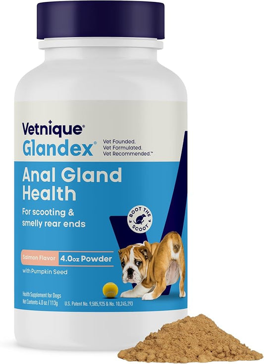 Vetnique Glandex for Dogs Anal Gland Powder, Support for Scooting & Fishy Odor, Boot The Scoot Fiber Supplement, Pumpkin Powder & Probiotics for Dogs with Digestive Enzymes (4.0 oz, Salmon)