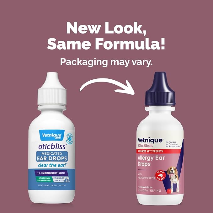 Vetnique Oticbliss Allergy Ear Drops for Dogs & Cats, Otic Ear Solution for Dogs with 1% Hydrocortisone, Itch Relief, Redness, Swelling, Inflammation, Alcohol Free Medicated Drops Chitosan