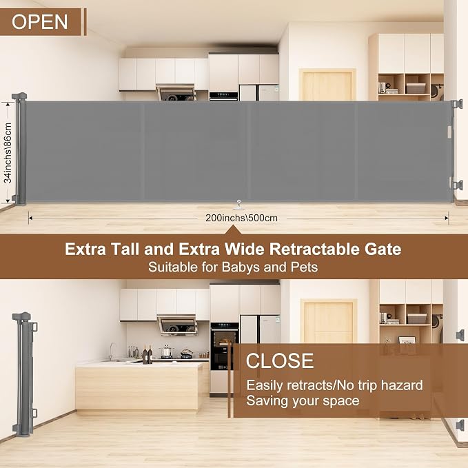 Miumoon 200 inch Retractable Baby Gates 37 inch Tall, Retractable Gate with Reinforced Strip Design to Prevent Crawling Through, 16 FT Outdoor Retractable Gates, Extra Wide Retractable Gate for Garage