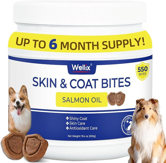 Wellix 19.4oz Dog Skin and Coat Supplement, Omega 3 Fish Oil for Dogs, Supports Healthy Skin & Shiny Coat, Itching Relief & Anti-Shedding, Tasty Dog Allergy Chews, Daily Nutritional Support