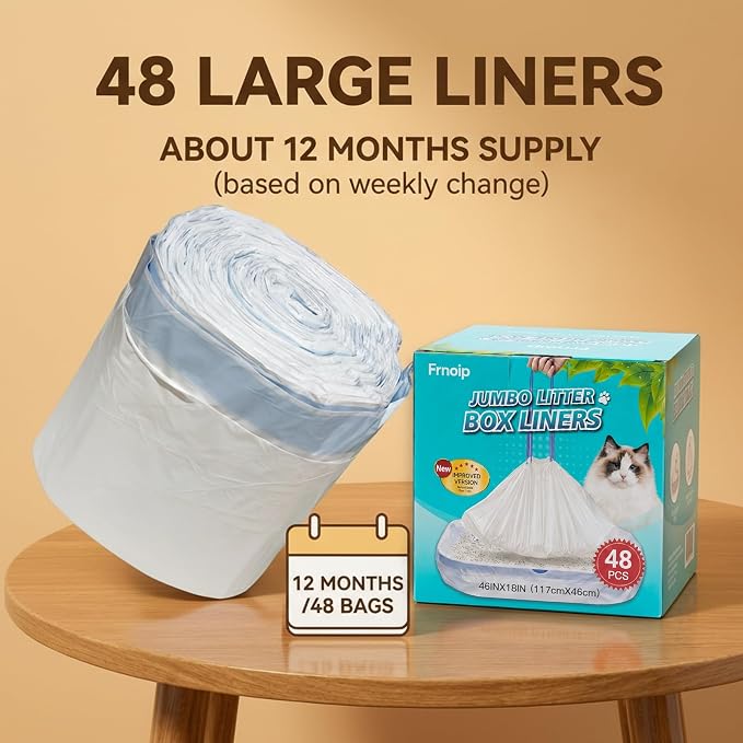48 Pack Super Jumbo Cat Litter Bags - 3MIL Extra Thick Leakproof Litter Box Liners, 46"x18" Heavy Duty Drawstring Cat Litter Liners, Odor Control Disposable Kitty Litter Bags 6 Roll