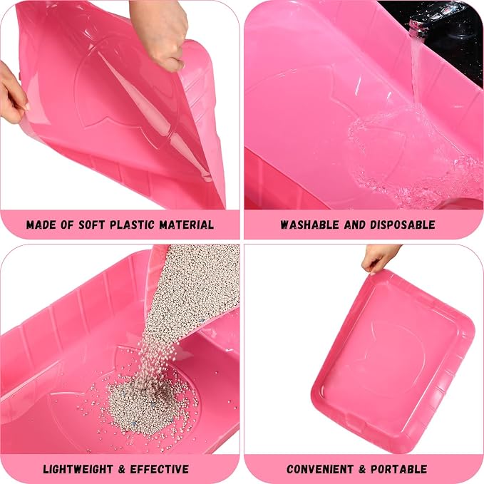 Bokon 25 Count Disposable Litter Box for Cat, Large Disposable Litter Tray for Travel Home Durable Portable Plastic Kitty Litters Boxes Leak-Resistant Easy-Grip Rim, 15.7 x 11.8 x 3 Inches(Pink)
