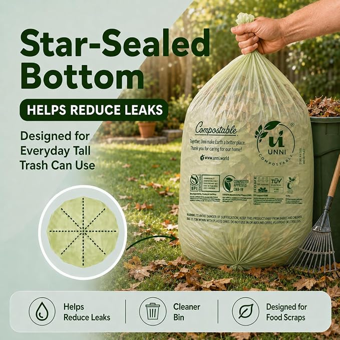 UNNI Compostable Lawn & Leaf Bags, 30-33 Gallon / 124 Liter, 20 Count, Extra Thick 1.1 mil Yard Waste & Food Scrap Liners, Certified by BPI, CMA & OK compost HOME, Meets the ASTM D6400 Standard