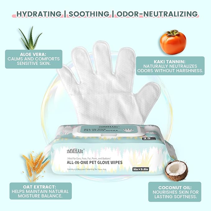 IMMHABI 50 Count Cleaning Deodorizing Pet Glove Wipes for Dogs & Cats, Hypoallergenic Dog Bath Wipes with Natural Deodorizer Persimmon Tannin, Pet Bathing Wipes for Horse Coat Care Unscented