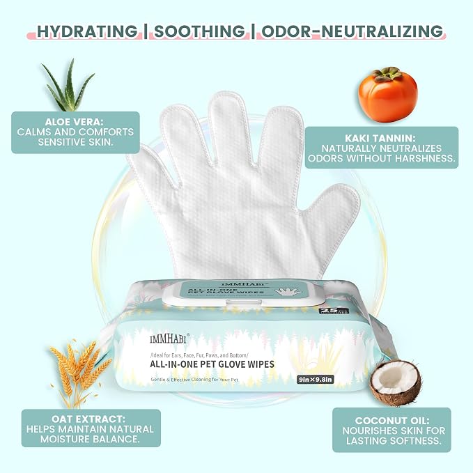 IMMHABI 100 Count Pet Glove Wipes, Cleaning & Deodorizing for Dogs & Cats, Hypoallergenic Dog Bath Wipes with Natural Persimmon Tannin, Unscented Wipes for Ears, Fur, Paws