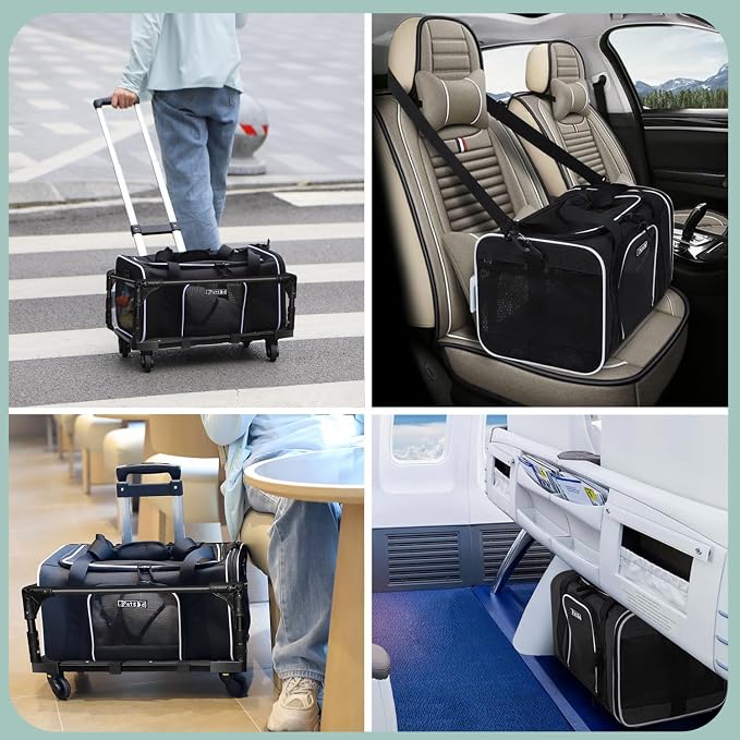 Petskd Small Pet Carrier with Wheels(18" L x 11" W x 11" H), Delta/American/United Airlines Approved, Rolling Pet Carrier for Small Dogs & Cats (Black)