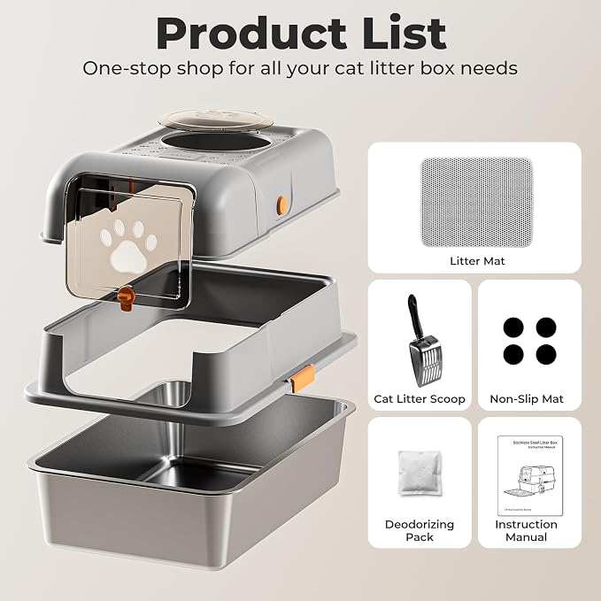 24″Lx16″Wx15″H Non-Stick Stainless Steel Litter Box with Lid, No-Mess Odor Control Anti-Leak Cat Litter Box, 3-in-1 Fully Enclosed High-Sided Litterbox with Flip Top (Gray)