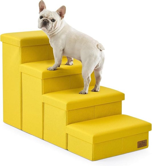 Dog Stairs with Storage, 4-Step Wider Sturdy Dog Steps for Small/Medium/Large Dogs and Older Cats, Folding Doggie Ramp for Bed/Couch/Car Hold Up to 180 lbs (22" H, Yellow)