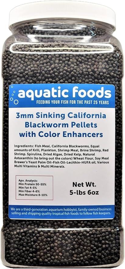 3mm Sinking Blackworm Pellets with Color Enhancers & Vitamins for Shrimp, Snails, Crayfish, Catfish, All Bottom Fish, All Tropical & Pond Fish…5-lb 6oz Lg Jar