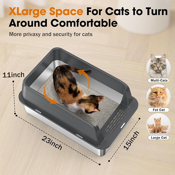 2PACK Stainless Steel Litter Box, Extra Large Litter Boxes for Big Cats, XL Metal Cat Litter Box with Lid High Sides, Anti-Urine Leakage, Non-Sticky, Scoop Included (Multi-Colored, XL)