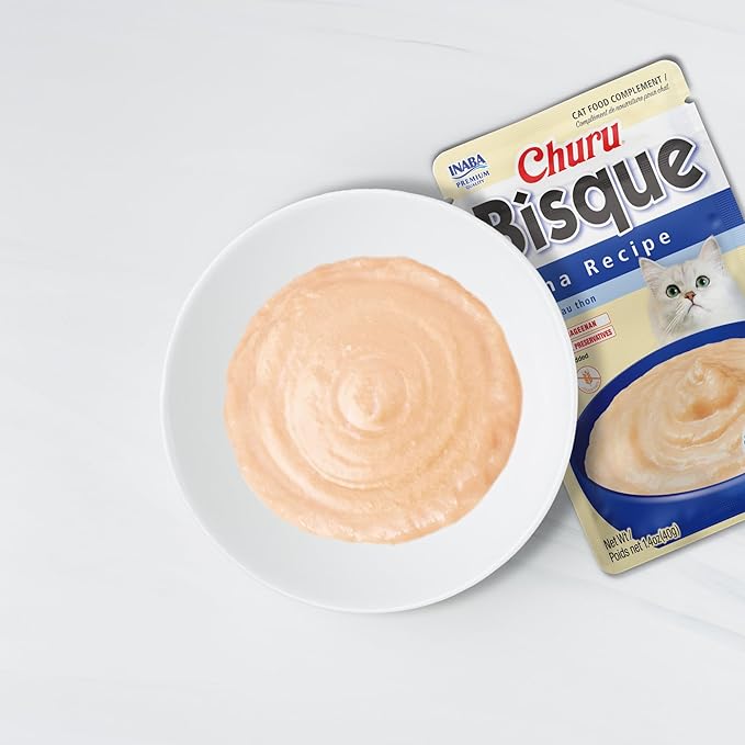 INABA Churu Bisque for Cats, Creamy Lickable Purée Side Dish with Vitamin E, 1.4 Ounces per Pouch, 24 Pouches, Tuna & Chicken Variety