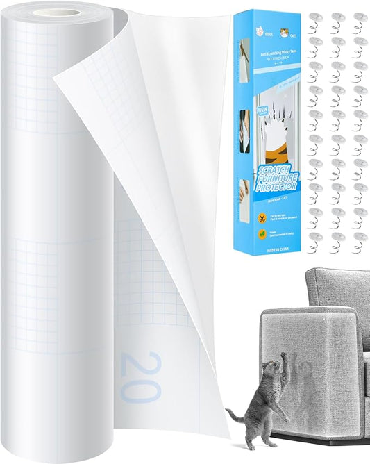 Anti Cat Scratch Furniture Protector,Clear Self-Adhesive Furniture Protectors for Apply Scratching Deterrent and Shield for Sofa Corners, Walls, Doors with 30 Twist Pins(196.9in x 15.7in)