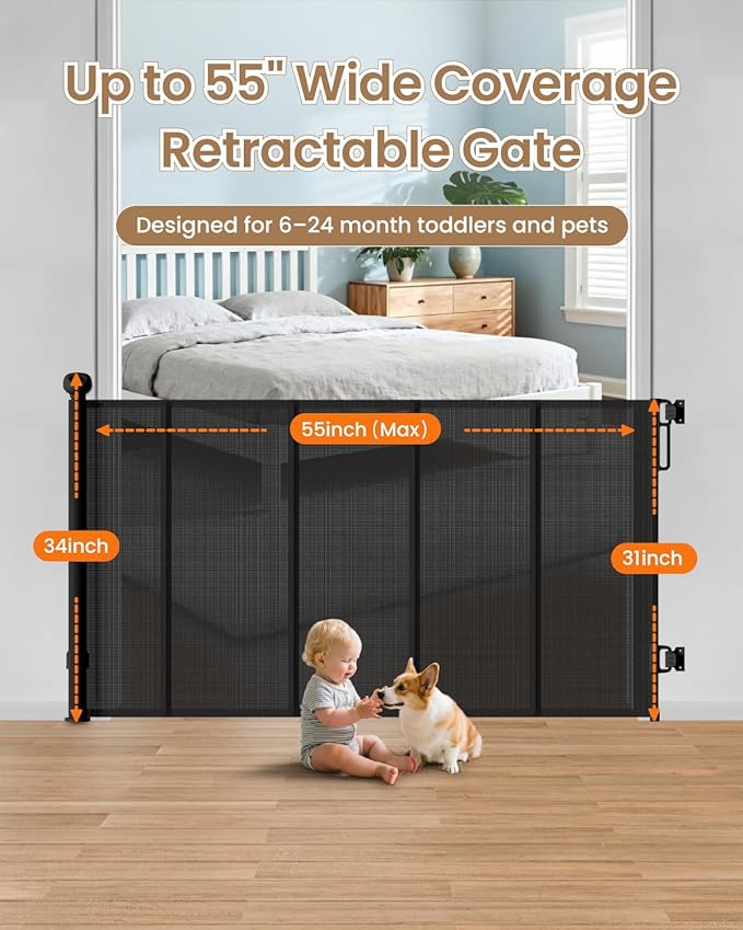Retractable Baby Gate, 55" Wide Reinforced Mesh Baby Gate with 4 Fiberglass Support Rods for a Tighter Fit, 34" Tall Retractable Dog Gate for Stairways, Hallways and Doorways, Black