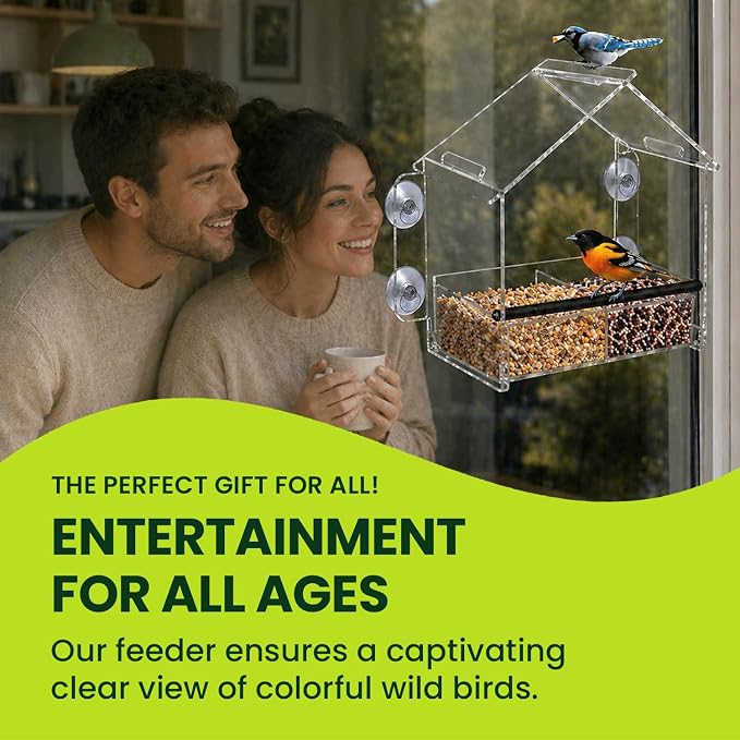 Nature Gear Window Bird Feeder with Strong Suction Cups, Clear Acrylic Window Mounted Bird Feeder, Removable Sliding Tray, Weather-Resistant, Durable, Squirrel-Resistant, Home Style