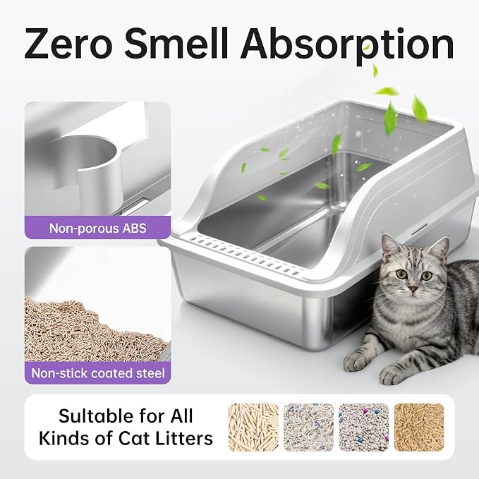 Stainless Steel XL Cat Litter Box for Cats, High-Sided Design Prevents Urine Leakage, Non-Stick, Easy to Clean, Includes Scoop, Gray XL 2 Pack