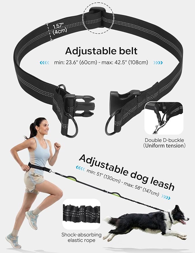 Pecute Hands-Free Dog Walking Belt Bundle: Shock-Absorbing Bungee Leash + 22oz Portable Water Bottle with Food Container, for Running Hiking Training