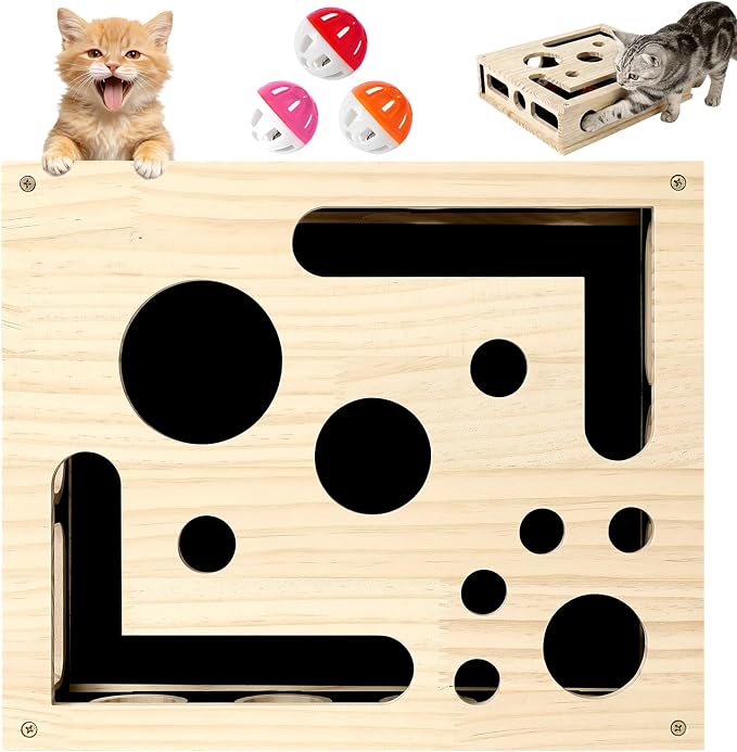 Cat Scratch Puzzle Enrichment Box, Wooden Cat Nail File Box Stress Free Alternative to Grinders, Maze Toy Box for Indoor Cats Scratching, with Sandpaper & 3 Bell Balls